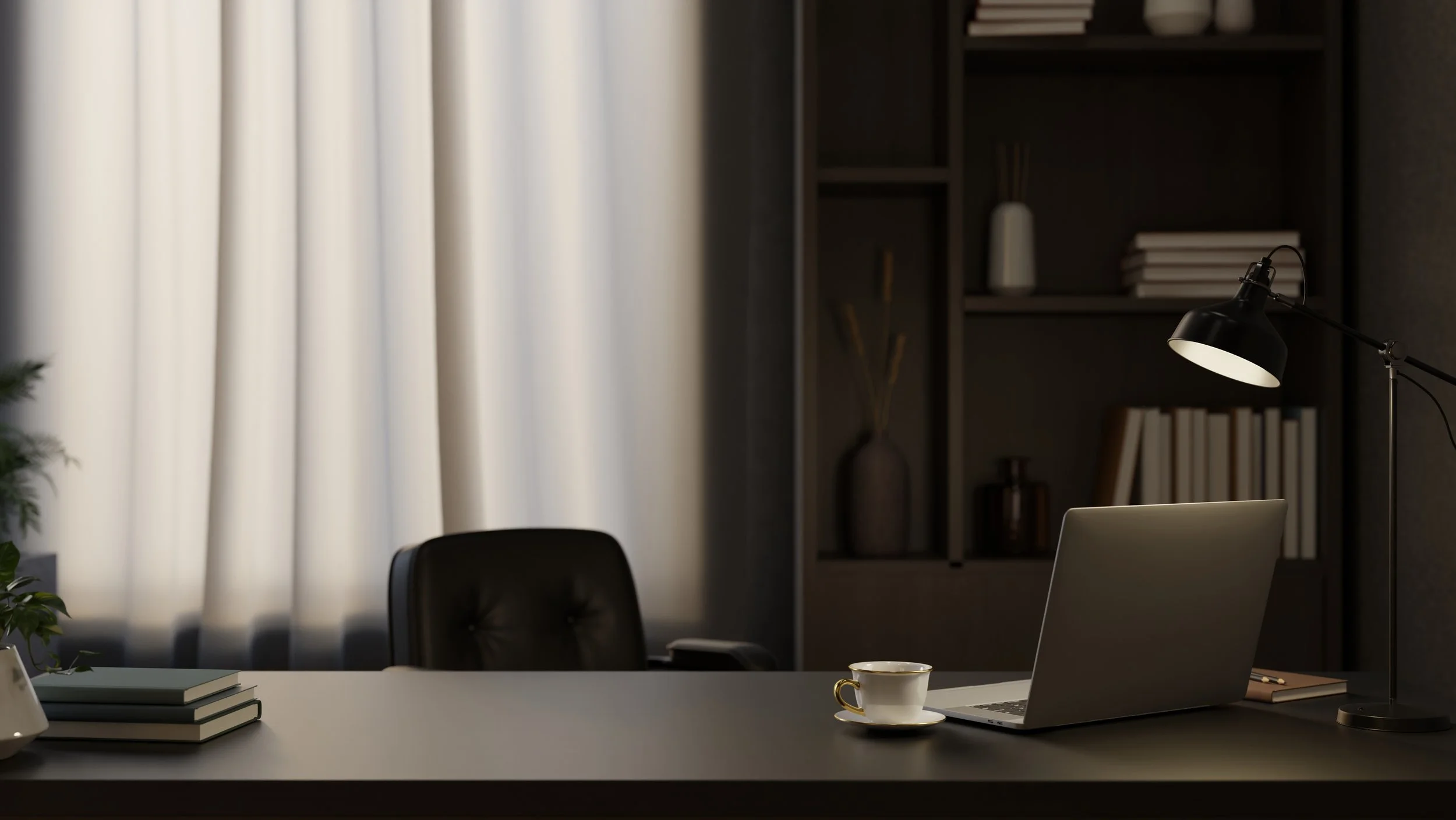 Modern workspace with a desk, lamp, and laptop
