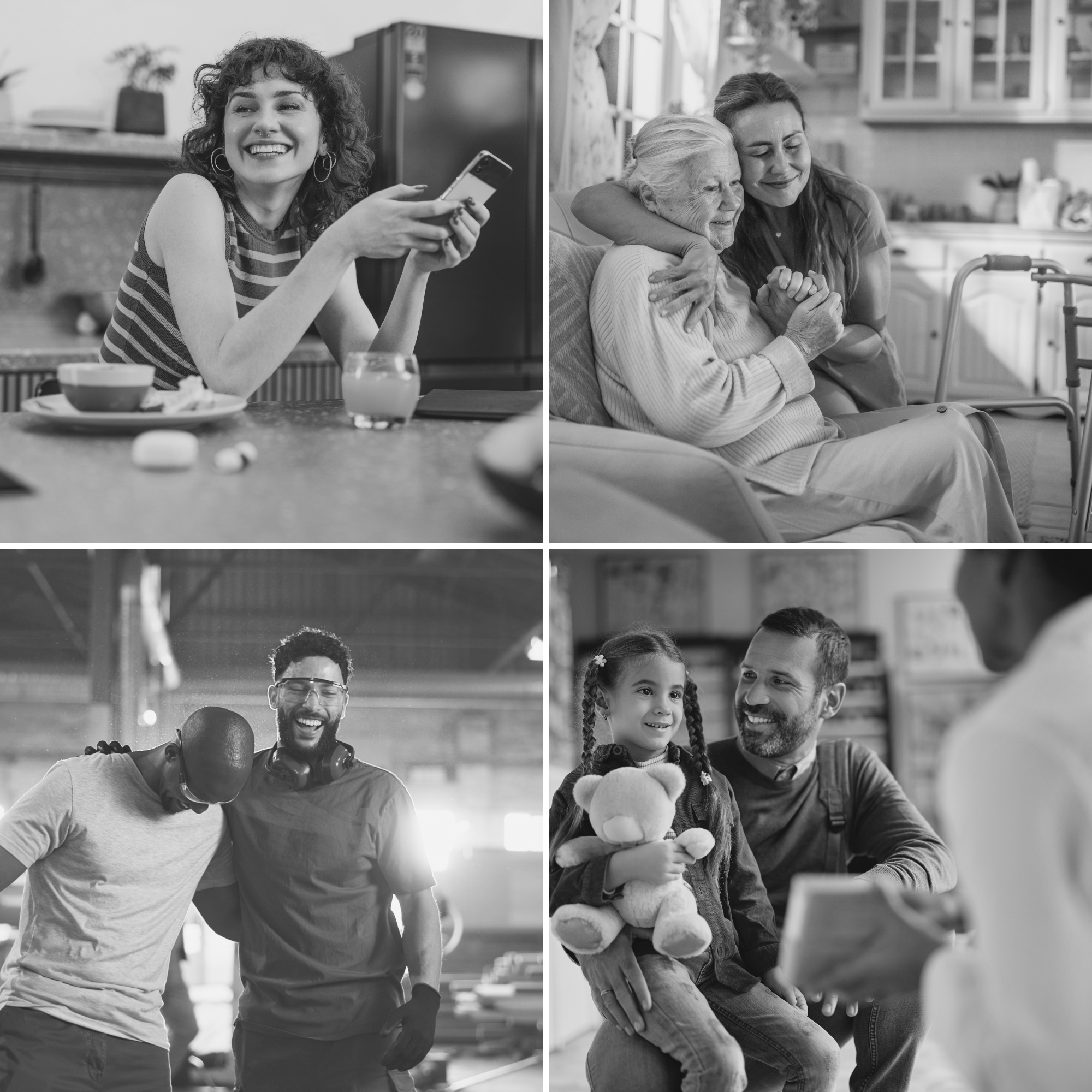 Black and white collage of diverse people: young woman smiling at her phone, elderly woman and caregiver hugging, person playing basketball, girl with teddy bear with adult male.