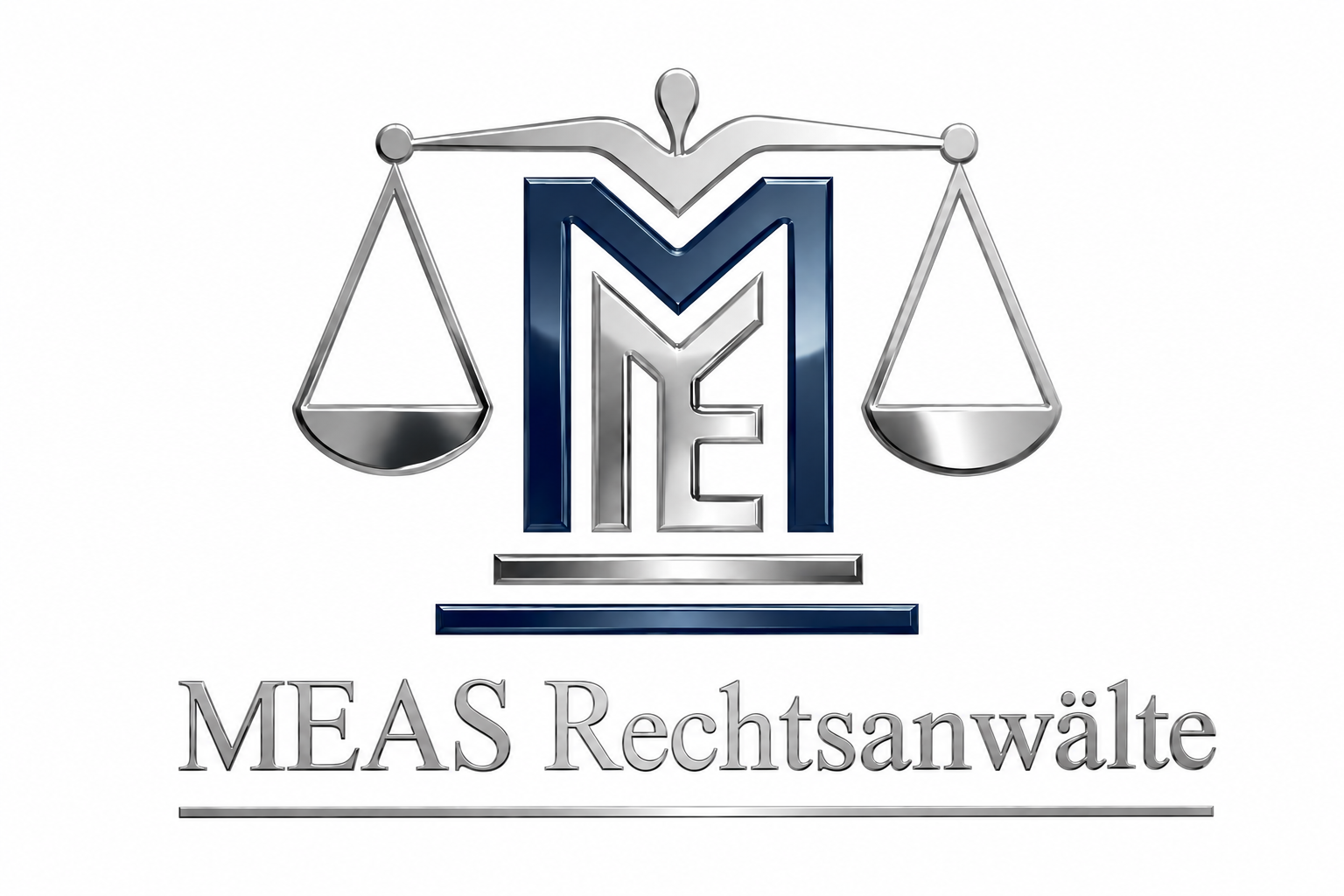 Ein Logo mit einer stilisierten Waage, einem großen blauen und silbernen Buchstaben 'M', und dem Text 'MEAS Rechtsanwälte' darunter.