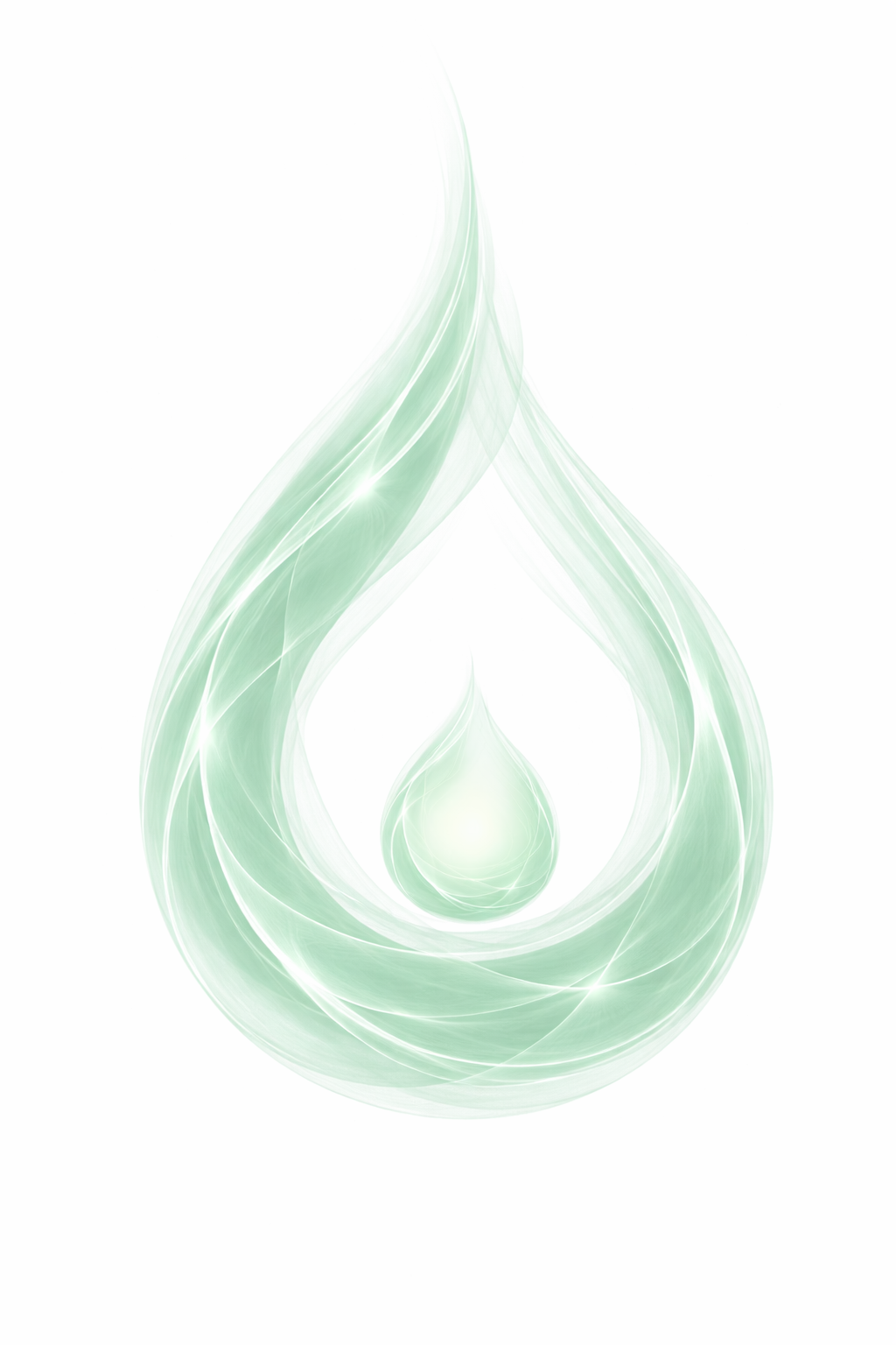 Abstract light green and white glowing swirl design with a central teardrop shape on a white background.