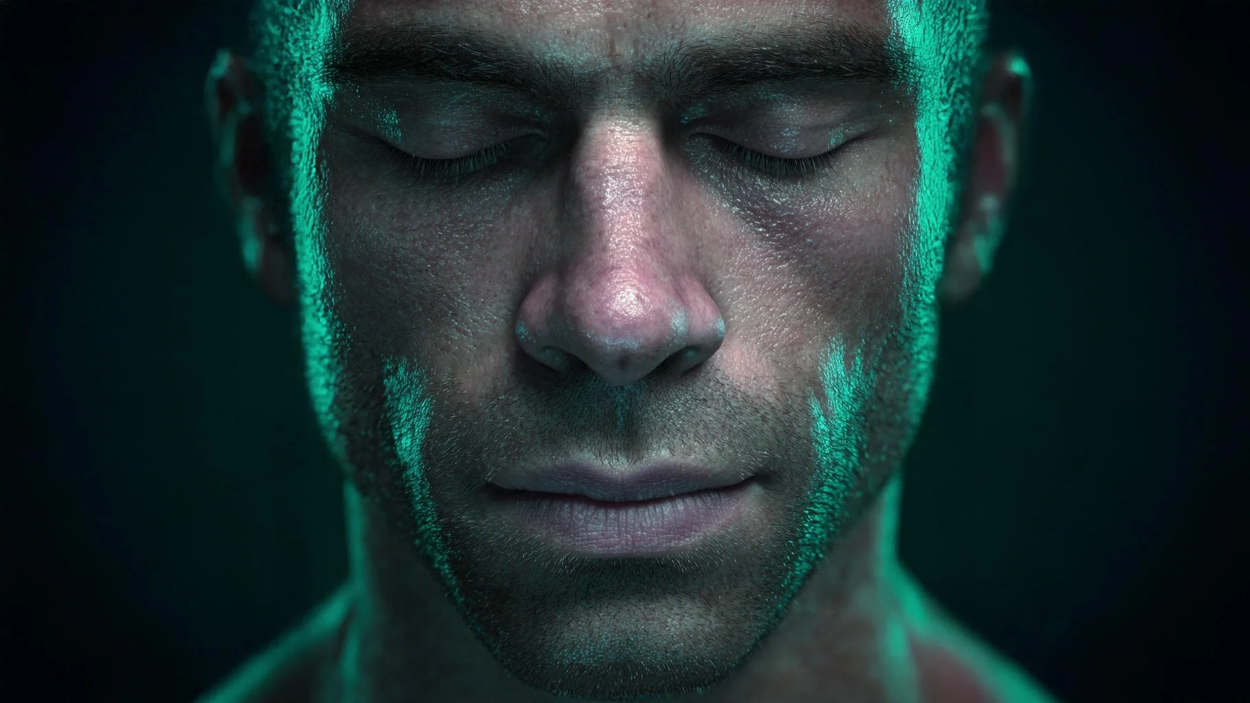 Close-up of a man's face with closed eyes, illuminated by teal and pink lighting, showing skin texture and facial features.