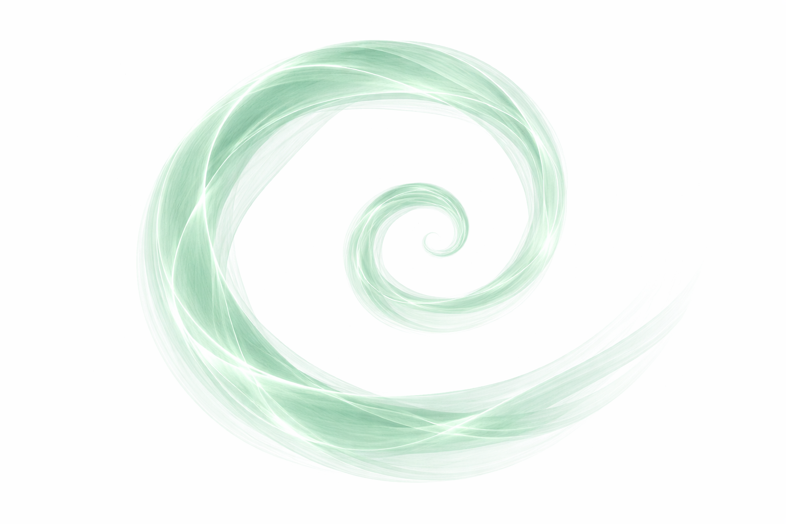 A glowing green spiral fractal on a white background.