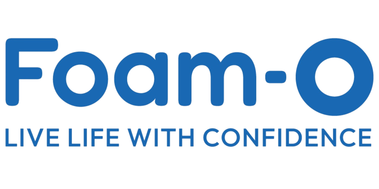 Foam-o logo with slogan "Live Life with Confidence" in blue text