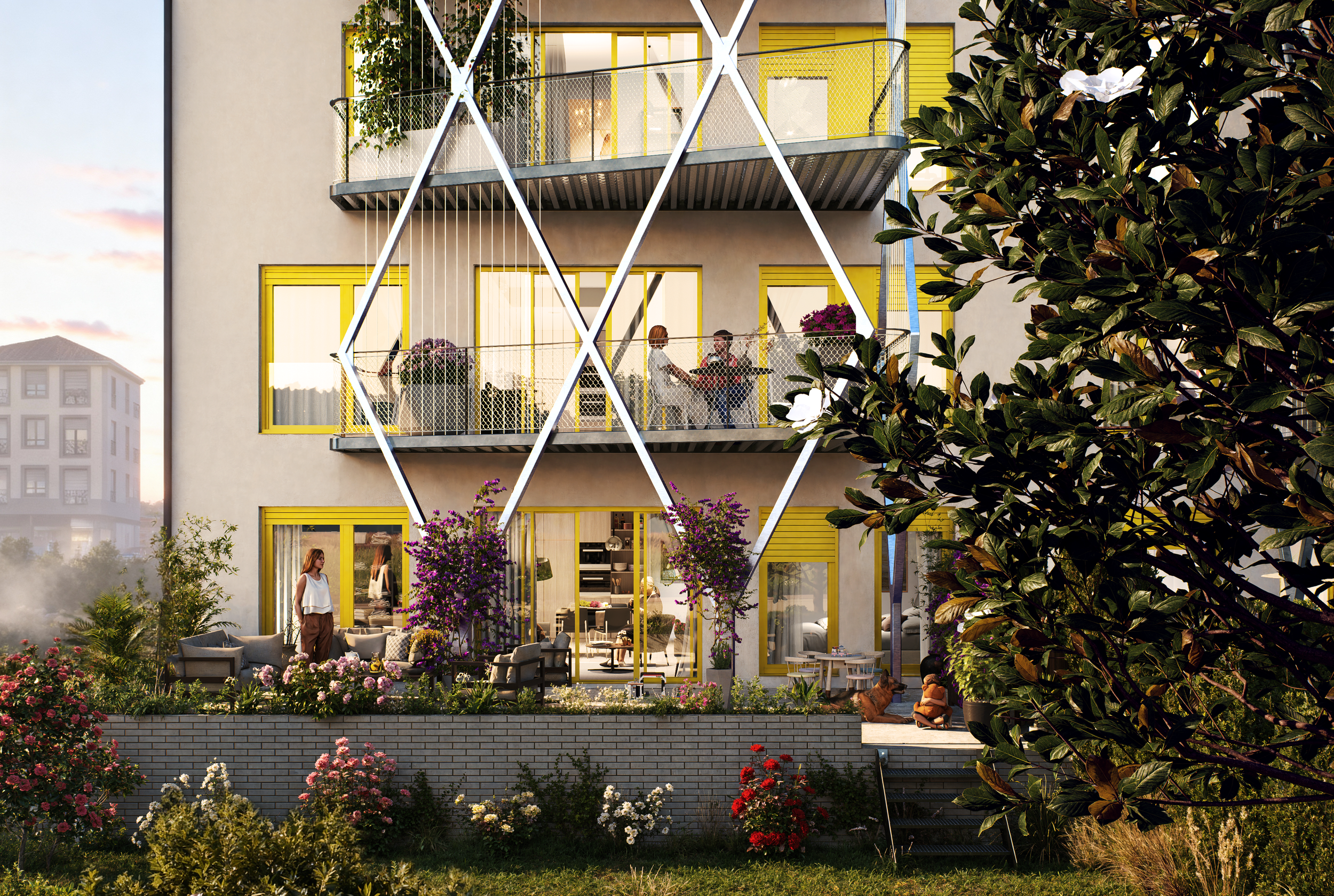 Edificio moderno de varios pisos con balcones decorados, rodeado de jardín con flores y arbustos. Varias personas disfrutan en el balcón y en el jardín, y hay perros en la escena.