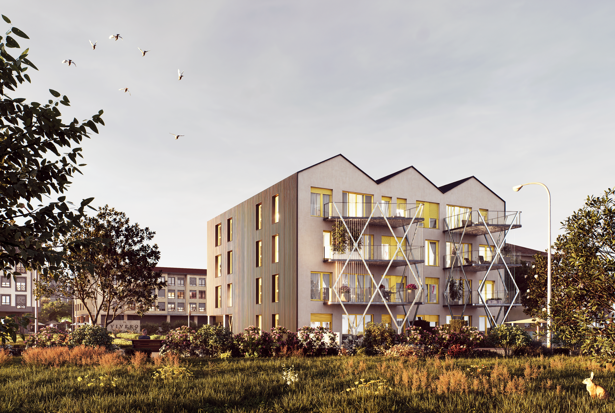 Edificio moderno de varios pisos con balcones, rodeado de áreas verdes y árboles, con aves volando en el cielo y un conejo en la hierba