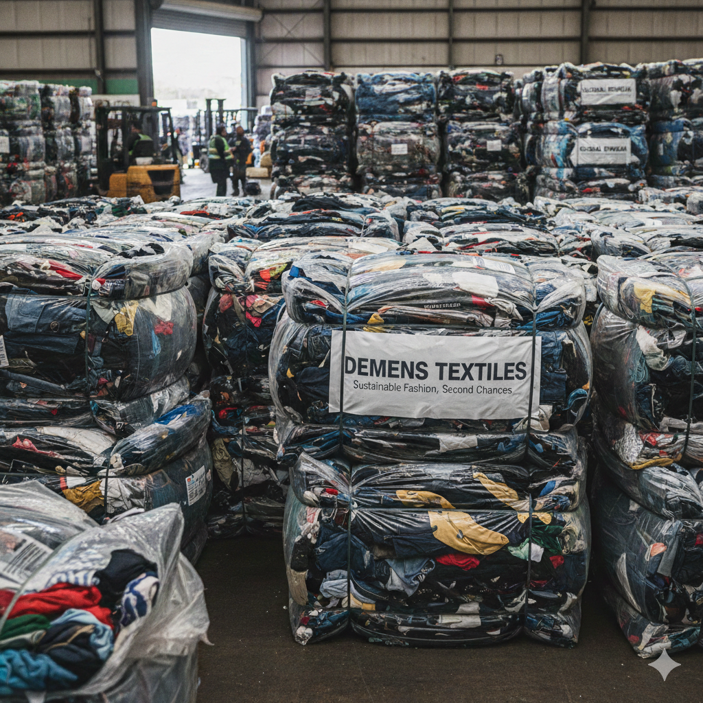 Bags of recycled clothing stacked in a warehouse labeled "Demens Textiles. Sustainable Fashion, Second Chances." "sustainable textile logistics" / "second-hand clothing export Africa".
