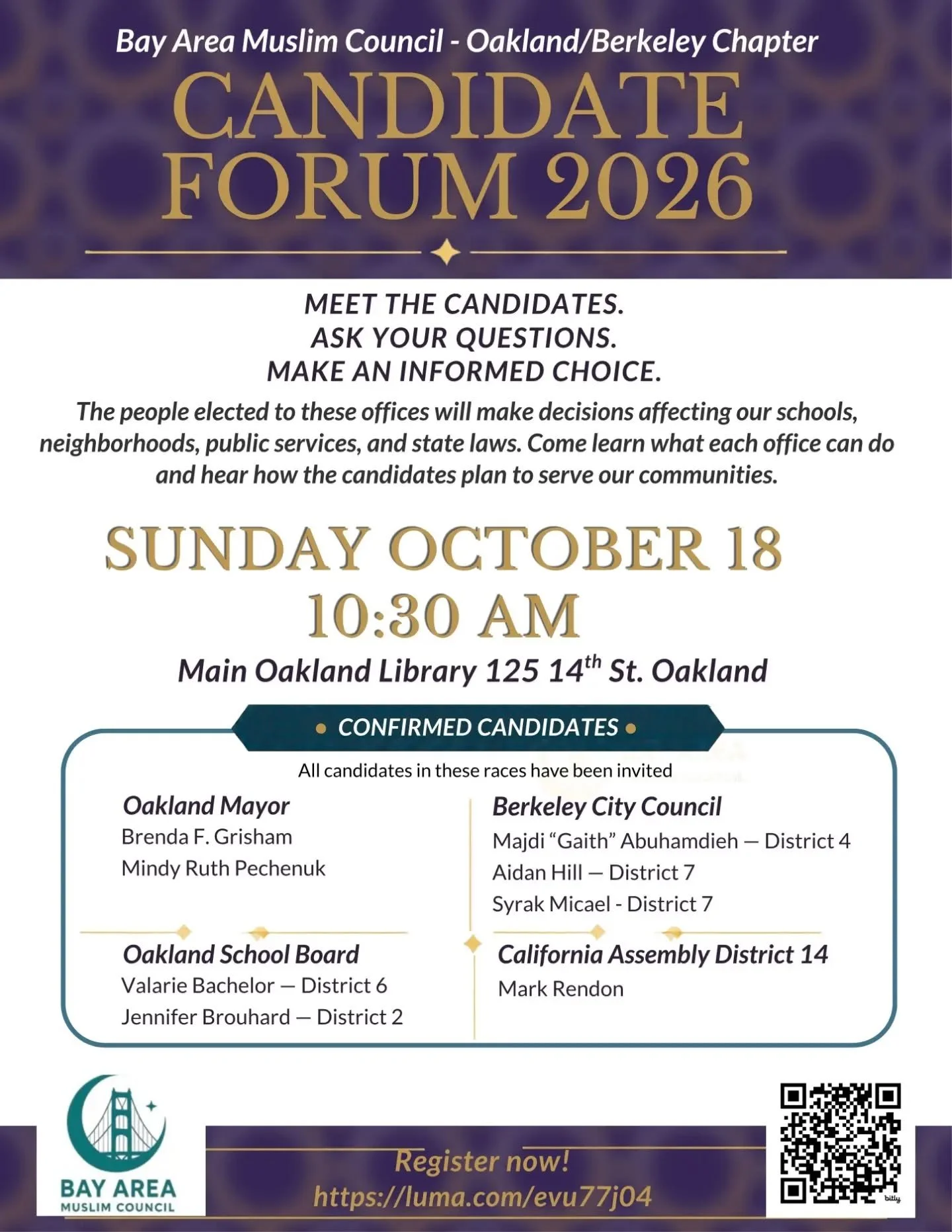 I am so happy to announce that the @bamcouncil_ has invited me to their candidate forum on Sunday, October 18 at 10:30am! We'll be meeting at the Main Oakland Library.

Please come with your questions and comments. I'd be happy to say hello and hear 