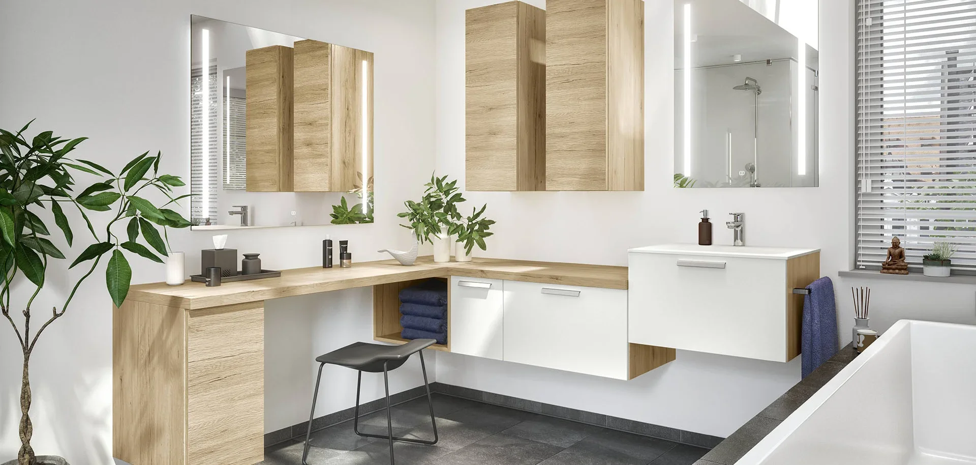 Modern bathroom with white walls, wooden cabinets, large mirror, potted plant, and a bathtub.