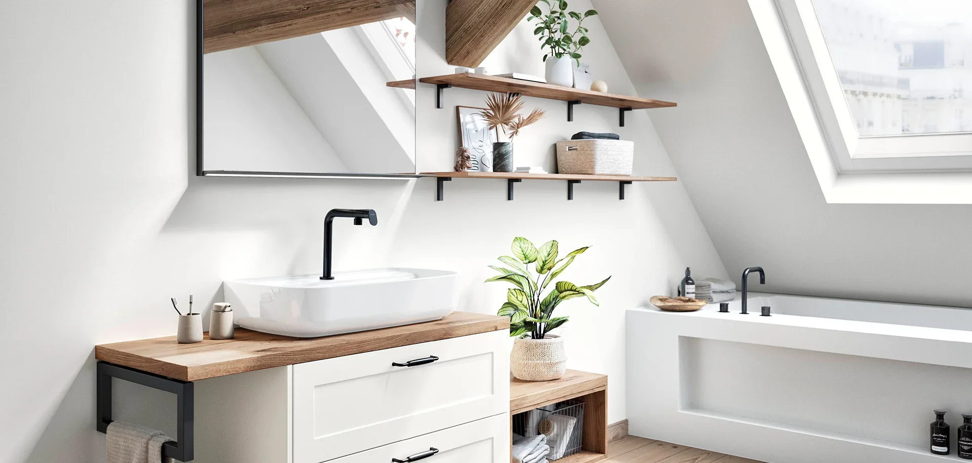 Modern bathroom with white walls, wooden accents, black fixtures, a sink, mirror, shelves with decorative items, potted plants, and a bathtub under skylight.