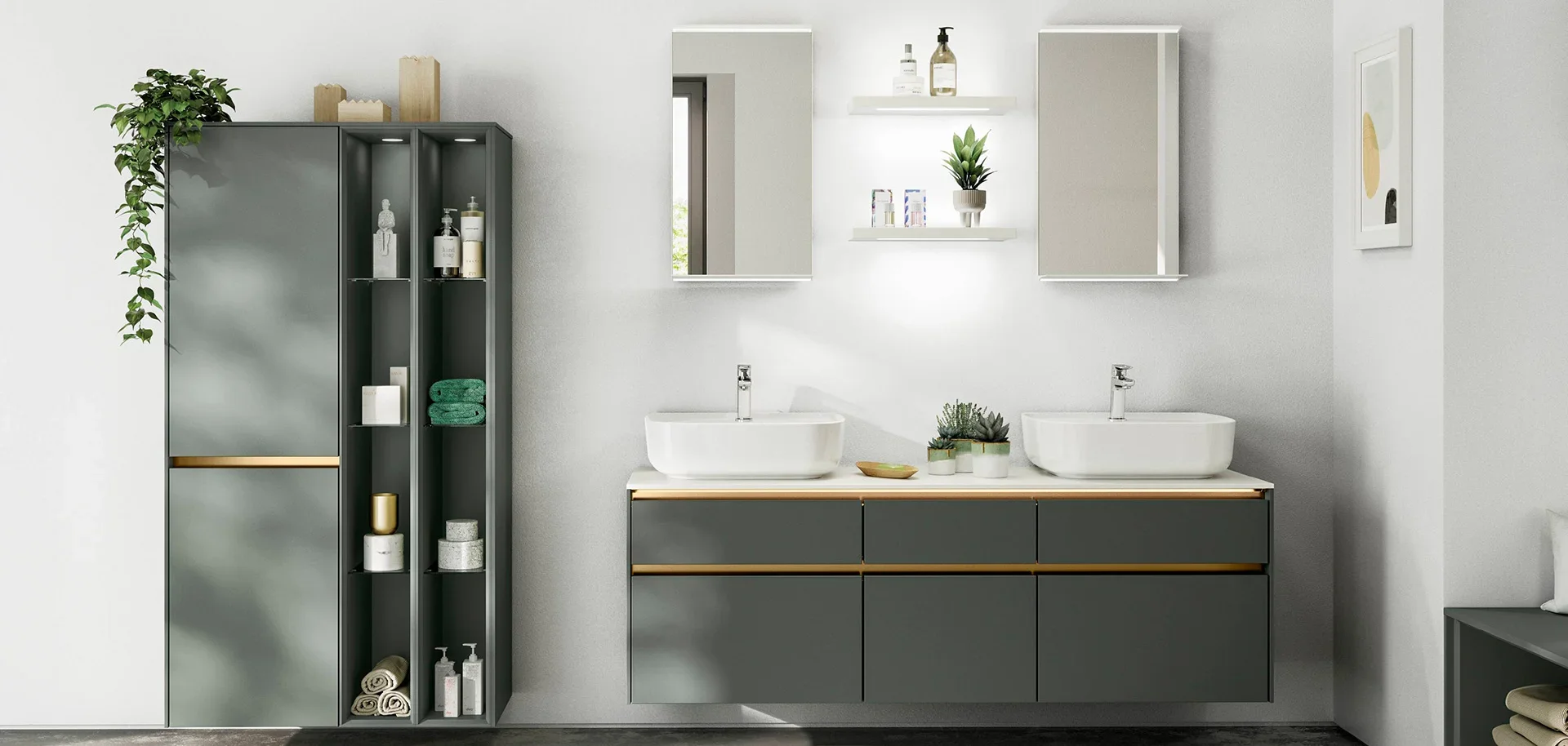 Modern bathroom featuring a gray cabinet with two sinks, mirrors, floating shelves with plants and toiletries, gray storage unit with towels, and minimalist decor.