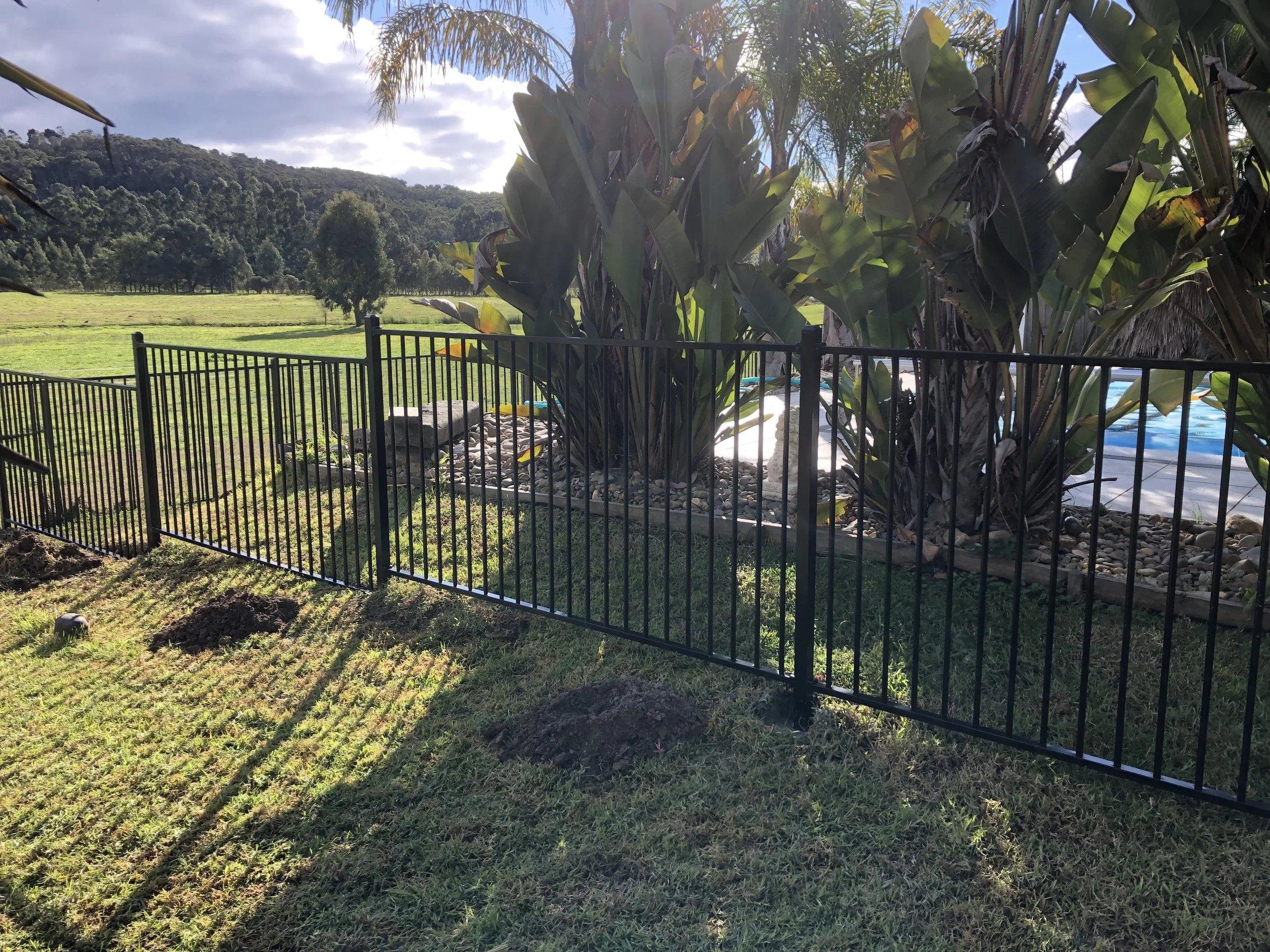 A black metal fence encloses a garden area with large tropical plants. Beyond the fence, there is a grassy field with trees and a hill in the distance under a partly cloudy sky.
