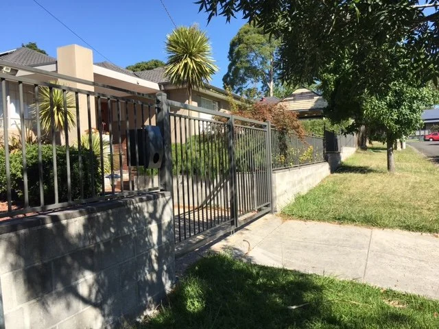 A residential front yard with a metal gate, concrete pathway, and lush trees and plants under a clear blue sky.