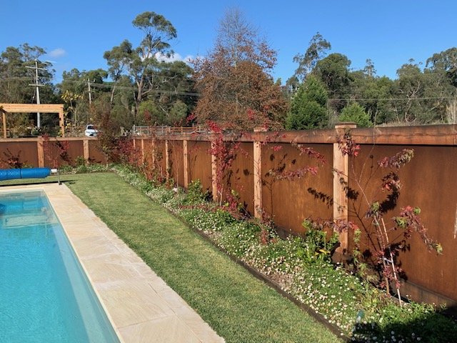 A backyard with a swimming pool, green grass, a wooden fence with some plants and flowers growing along it, and trees with blue sky in the background.