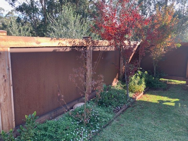 A backyard garden with small plants, trees with red and green leaves, and a brown privacy fence. The area is sunny with lush grass.