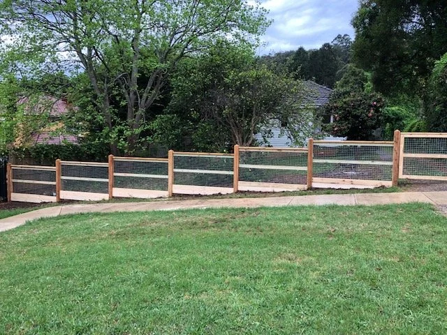 A grassy yard with a wooden and wire fence. Trees and houses are visible in the background under a partly cloudy sky.