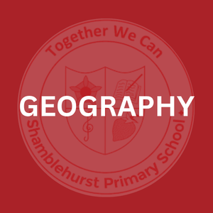 School emblem with a shield divided into four quadrants, featuring a leaf, a star, and musical notes, surrounded by the text "Together We Can" and "Shamblehurst Primary School" on a red background, with the word "GEOGRAPHY" in bold overlay.