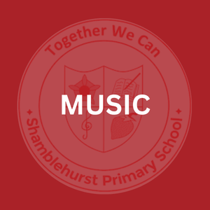 Red circular emblem with the words 'Together We Can' at the top and 'Shamblehurst Primary School' at the bottom. In the center, a shield divided into two halves with musical notes and a leaf, and the word 'MUSIC' overlaid.