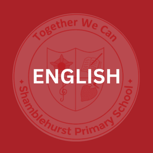 Red circular logo with the words "Together We Can" and "Shamblehurst Primary School" surrounding a shield emblem featuring a book, a heart, and musical notes, with "ENGLISH" written across the center.
