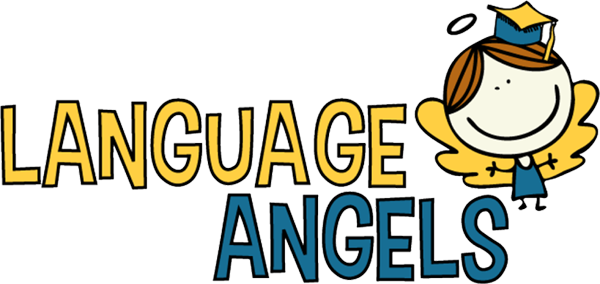 Illustration of a cheerful angel with a halo and a graduation cap, next to the text 'Language Angels'.