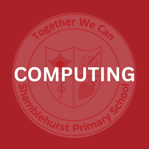 Red circular emblem with the words "Together We Can" and "Shamblehurst Primary School" around the border. The center features a shield with a maple leaf, a musical note, a book, a heart, and a flag, with the word "COMPUTING" overlaid in white.