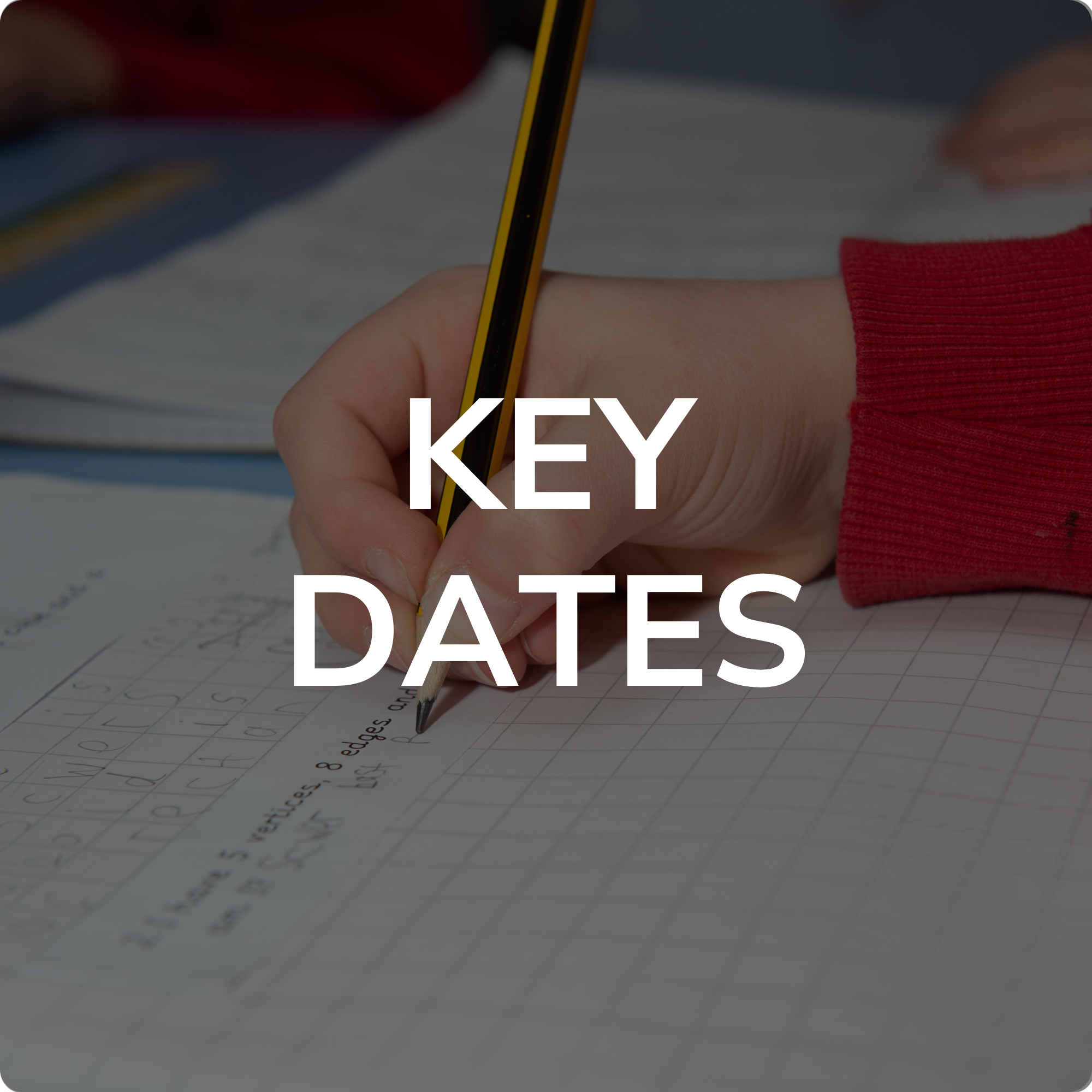 Close-up of a hand writing on lined paper with a pencil, wearing a red long-sleeve shirt. The paper has handwritten notes in cursive. The text overlay says 'KEY DATES' in large white letters.