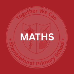 Red circular emblem with the phrases "Together We Can" and "Shamblehurst Primary School" around the perimeter. The emblem features an open book with a Mandelbrot set and a heart inside, and the word "MATHS" written across the center.