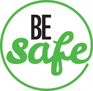 Green circle with the words 'BE safe,' with 'BE' in black and 'safe' in green script