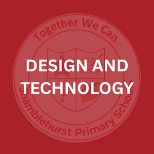 Red background with the text 'Design and Technology' in white and the phrase 'Together We Can' at the top. Faint emblem of Damblehurst Primary School in the background.