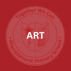 Red circular emblem with the words 'Together We Can' and 'Shamblehurst Primary School' around the edge. It features a shield divided into three sections with symbols including a star, a book, a leaf, a heart, and a musical note, and the word 'ART' in the center.