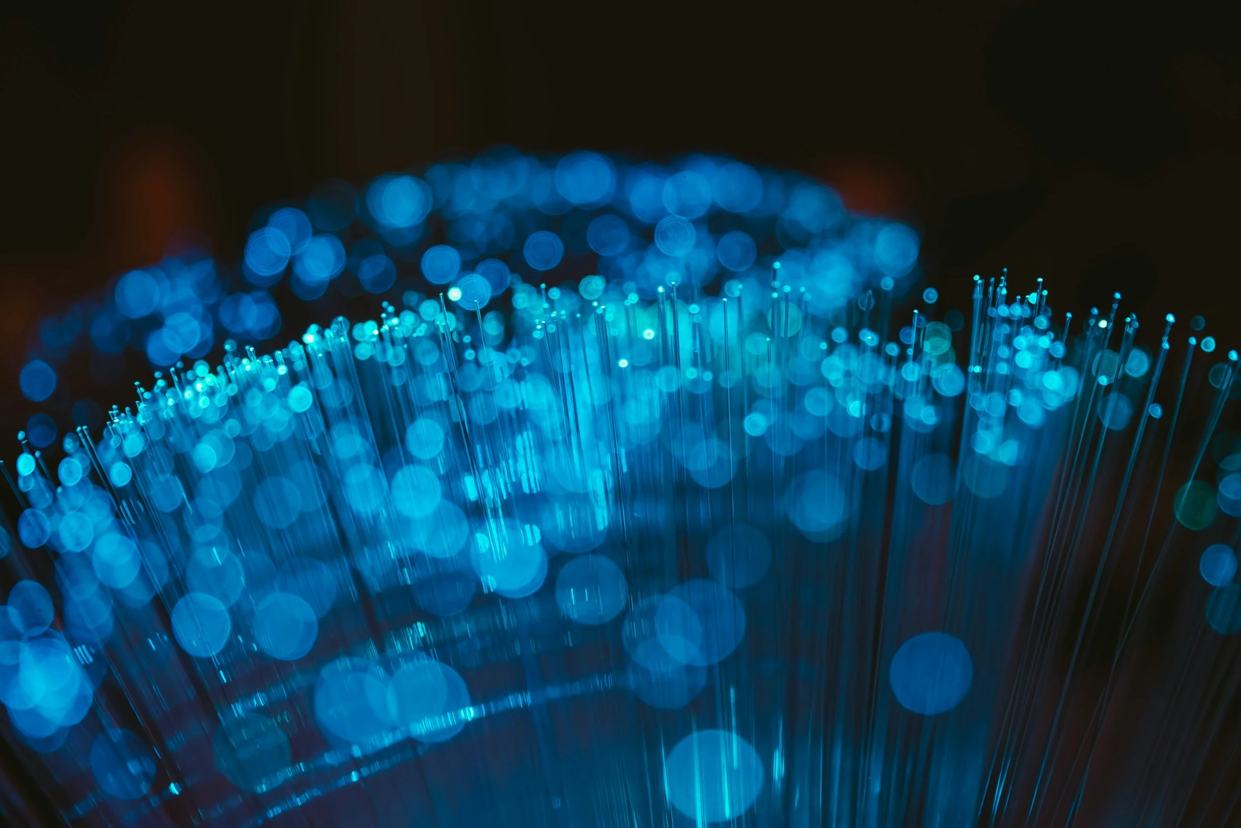 Close-up of blue fiber optic lights with glowing tips and blurred background