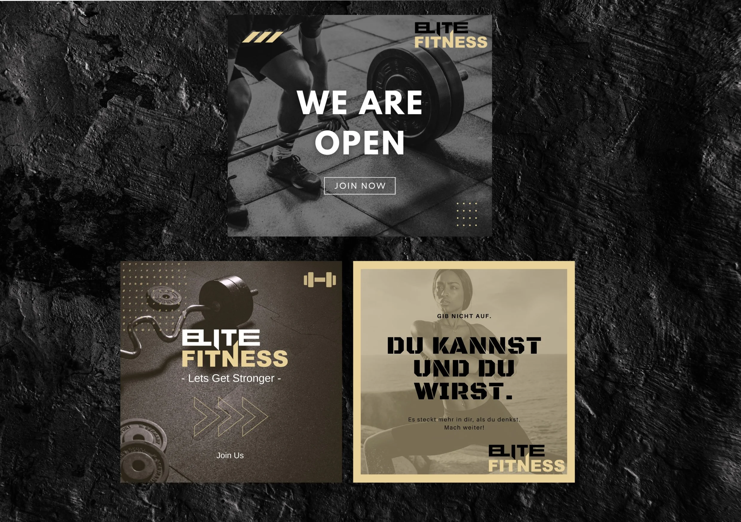 Drei Fitness-Postings auf einer schwarzen, rauen Oberfläche. Das erste Bild zeigt eine Person beim Gewichtheben mit der Aufschrift "WE ARE OPEN" und "JOIN NOW". Das zweite Bild zeigt Hanteln mit den Worten "ELITE FITNESS - Lets Get Stronger - Join Us