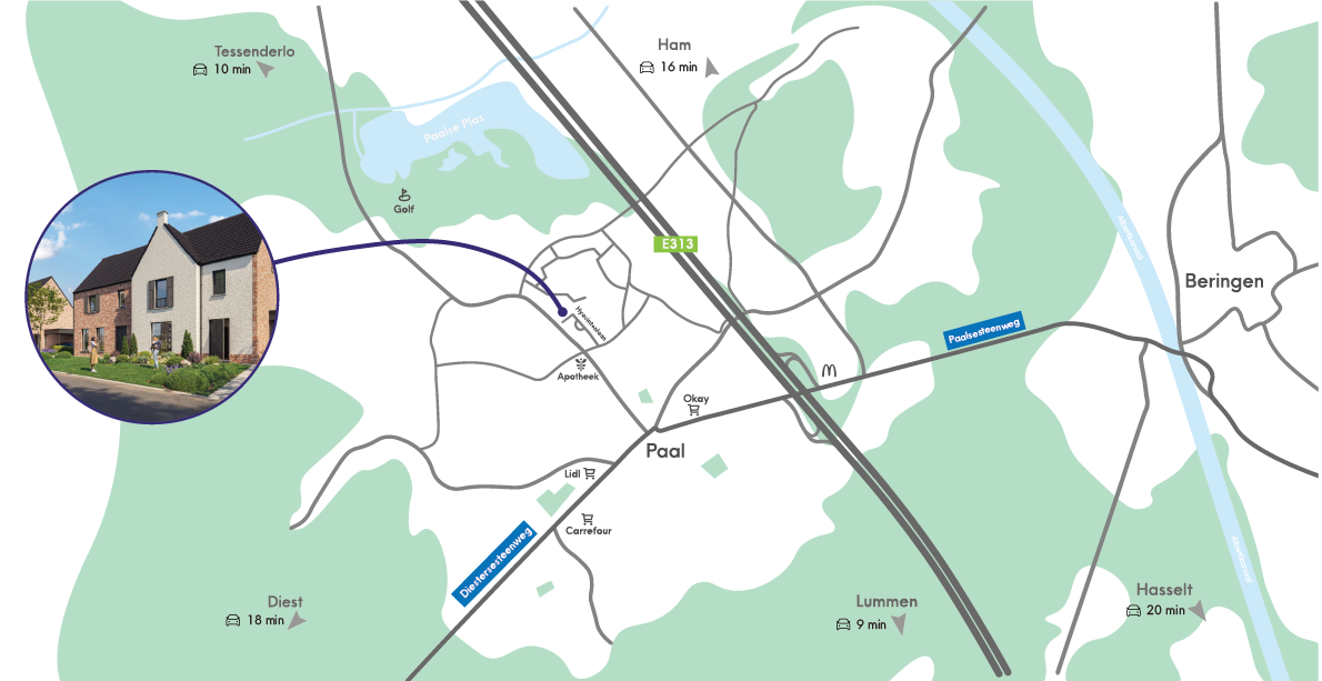 Een kaart van een gebied met wegen, natuur en water. Inzet van een huis met tuin in de linkerbovenhoek.