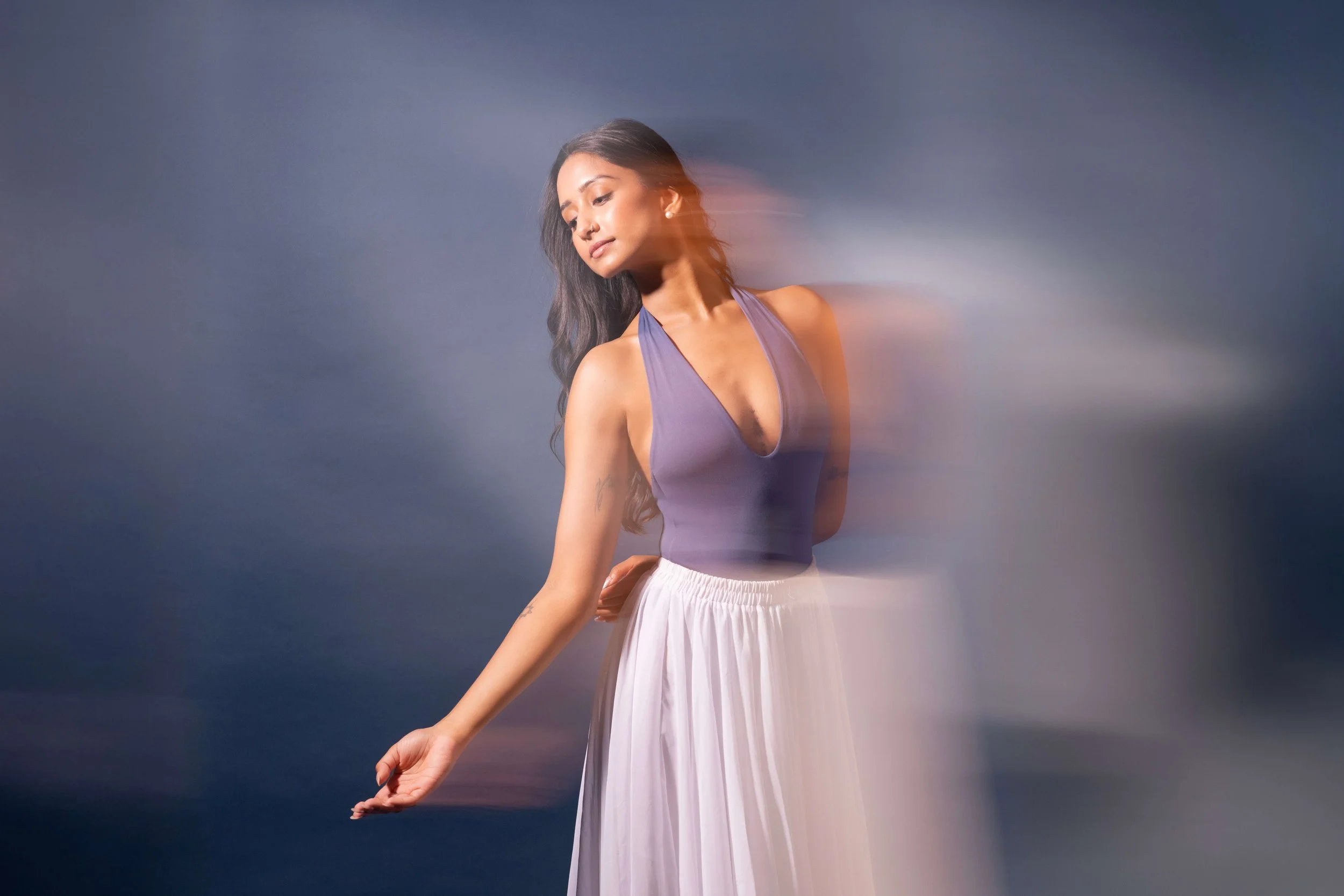 Saloni Saraf posing in a contemporary style in a studio, photographed by Deepak Das
