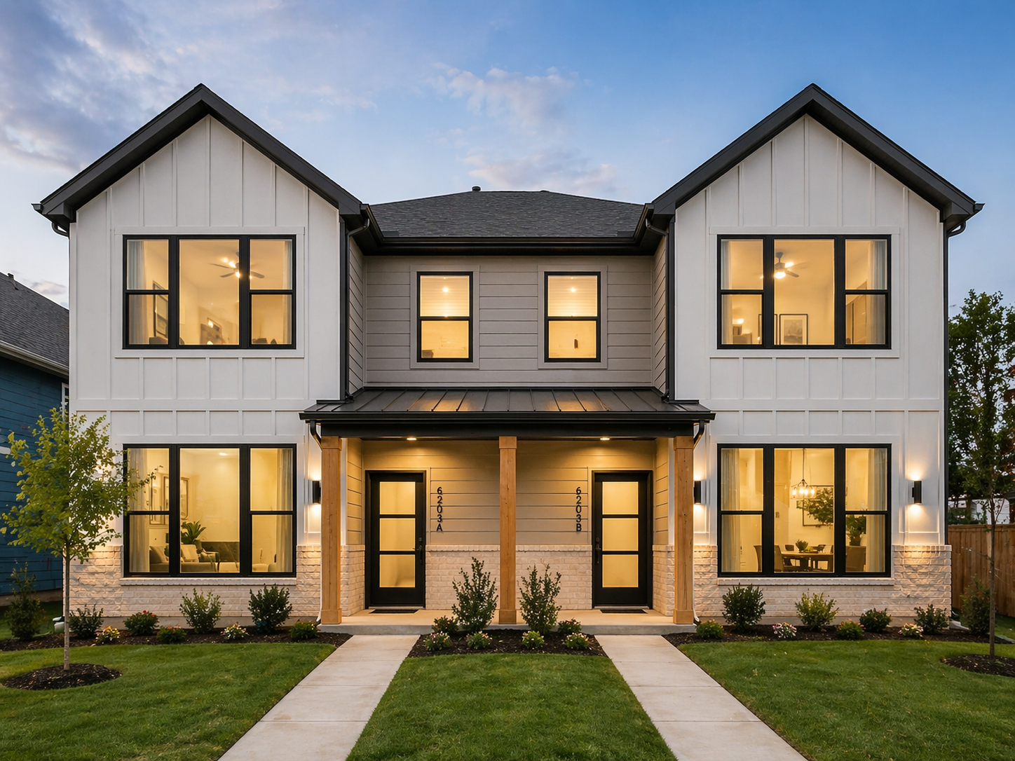 A modern two-story house with a symmetrical design, large windows, and a small front porch with wooden accents. The house has white and gray siding, and a well-maintained lawn with small trees and bushes.