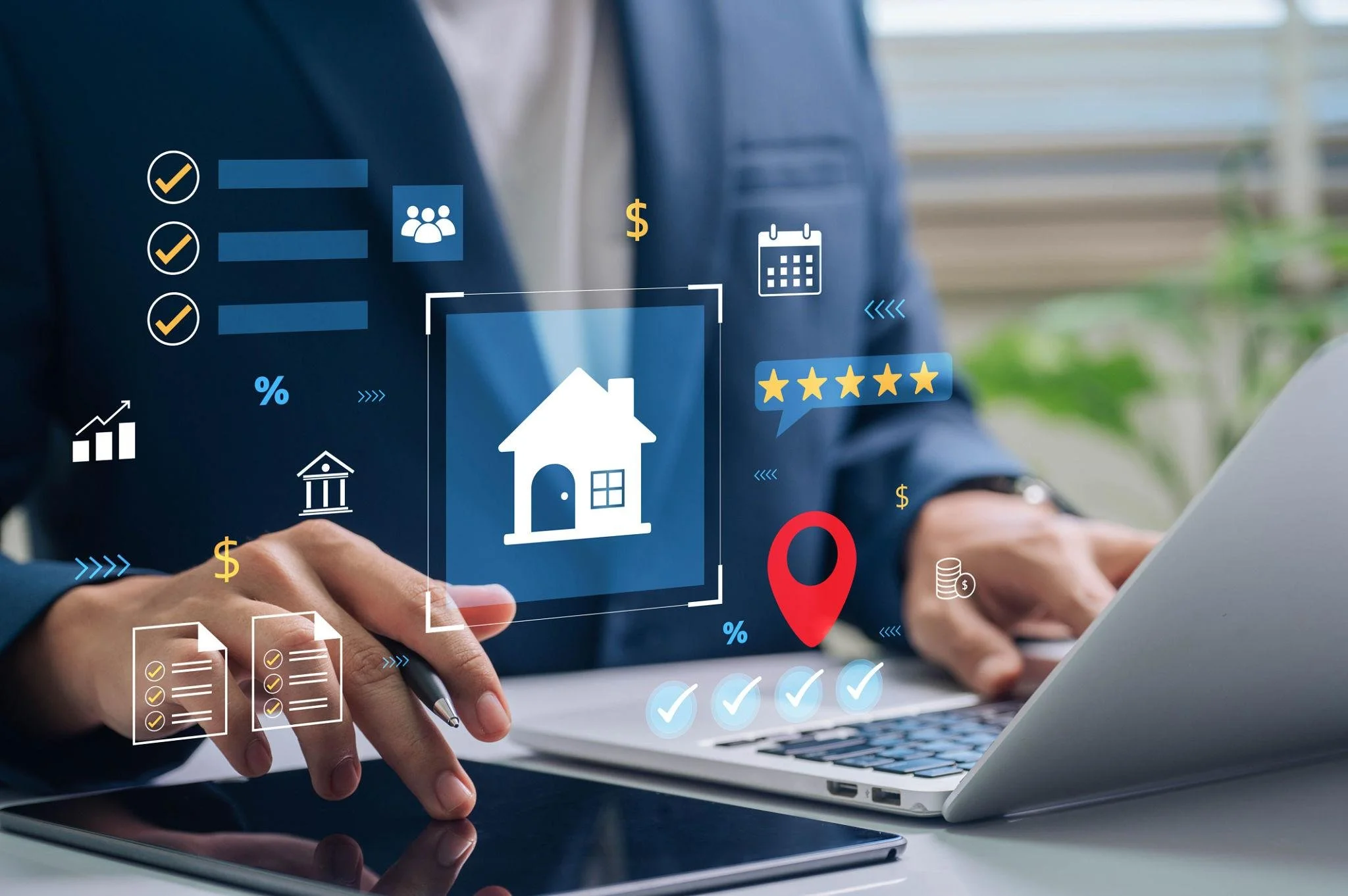 A person in a business suit interacts with a virtual interface on a laptop screen, featuring icons such as a house, check marks, a calendar, a dollar sign, a star rating, a location pin, and documents, suggesting real estate or financial management activities.