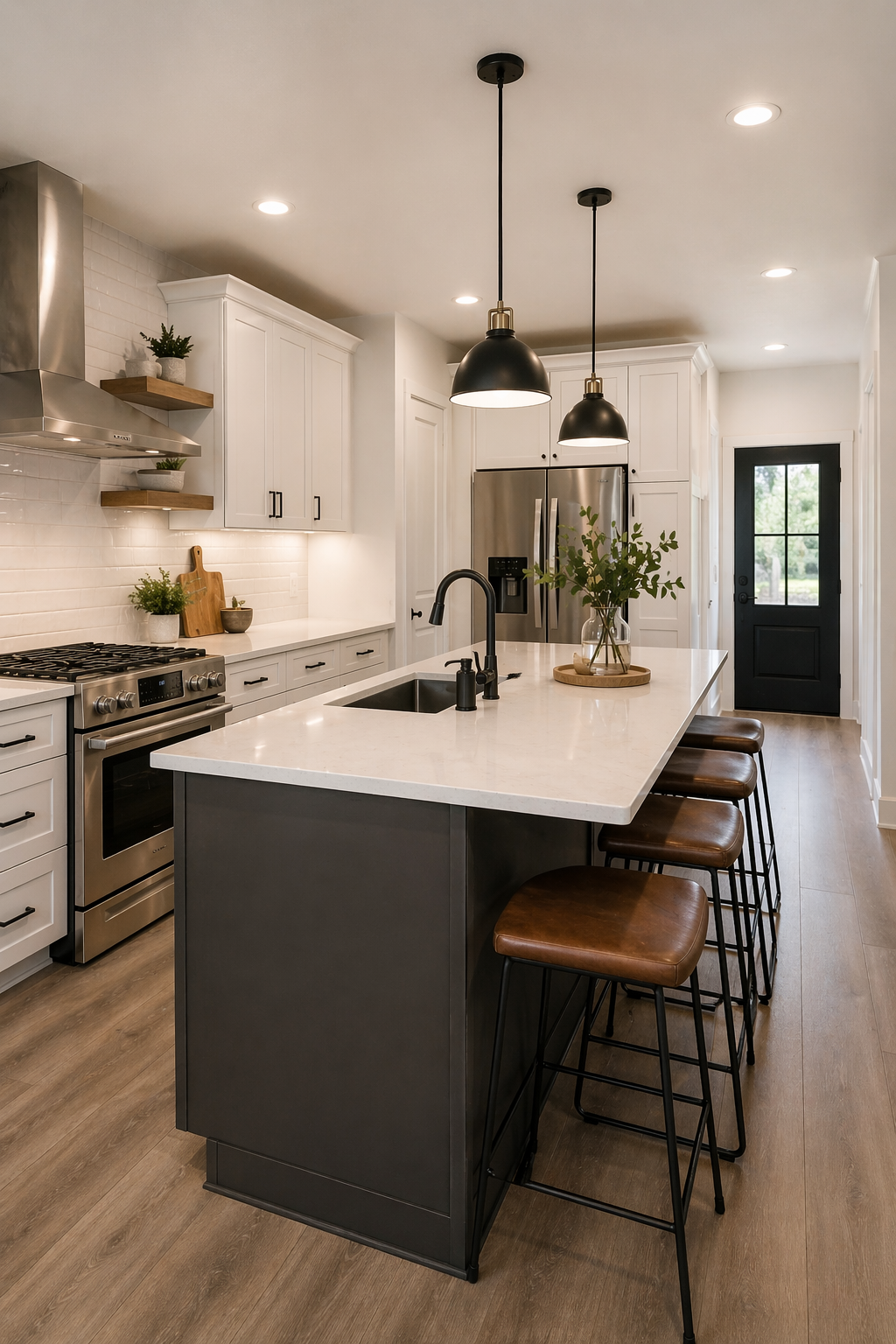 Modern kitchen with white cabinets, stainless steel appliances, a large island with a white countertop, black pendant lights, and wooden bar stools. There are open shelves with plants and a door at the back.