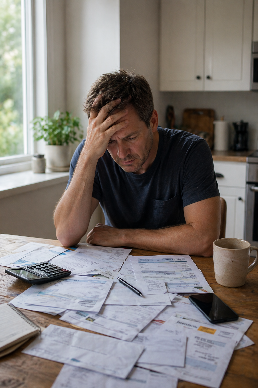 Man sitting at a cluttered table with bills, a calculator, a pen, and a smartphone, holding his head in frustration in a kitchen.