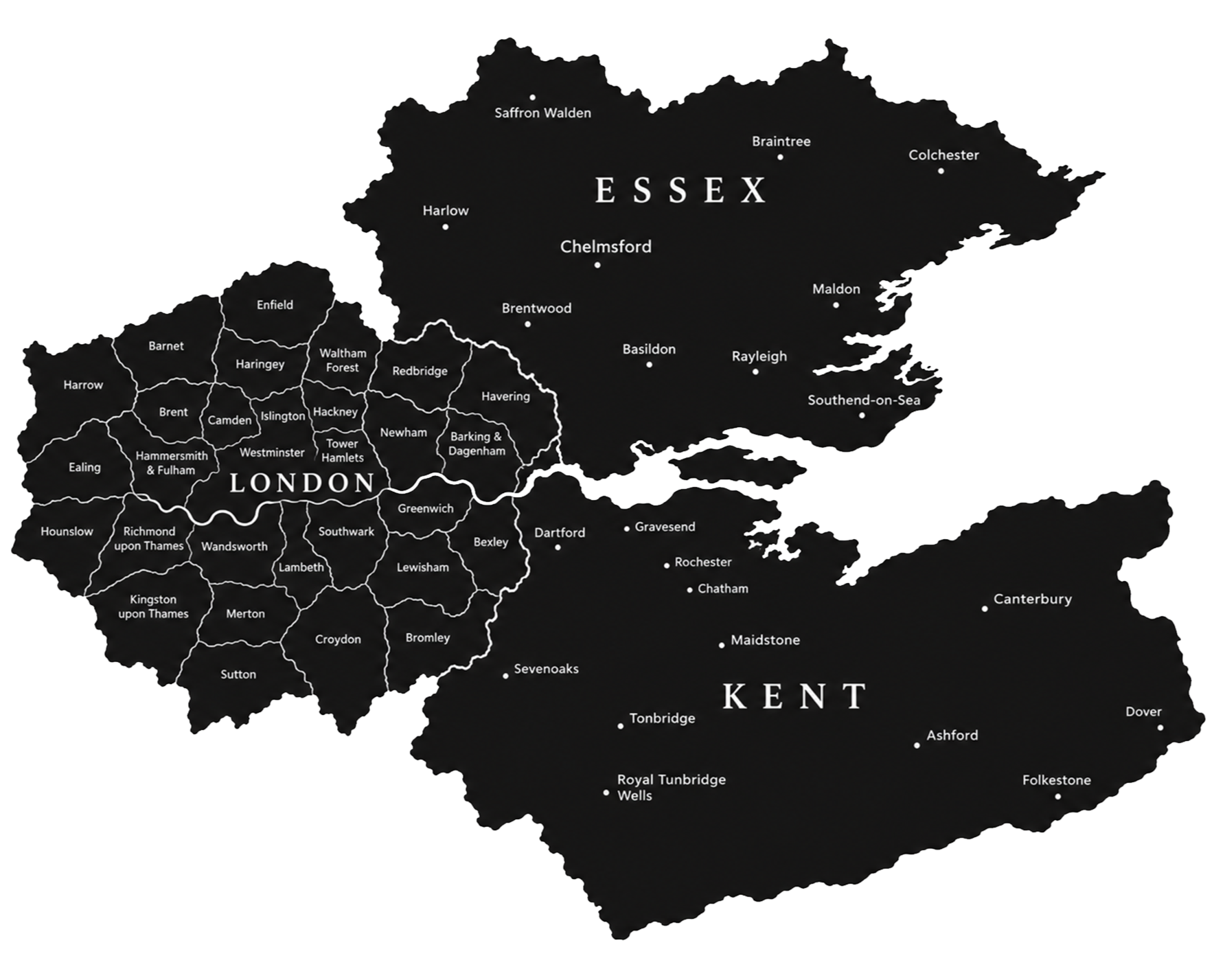 map of essex, london and kent - areas we cover - sq1 groundworks ltd