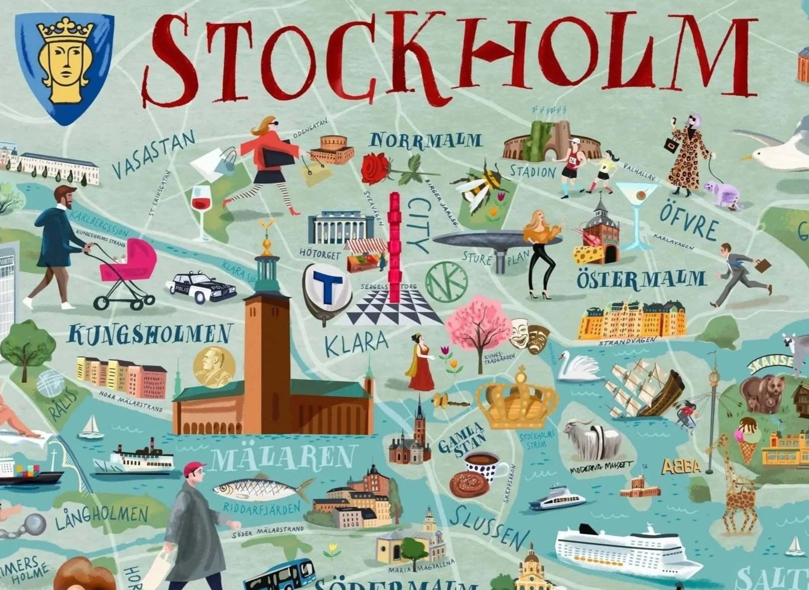 Illustrated map of Stockholm, Sweden, highlighting landmarks, neighborhoods, and attractions such as the Royal Palace, Old Town, Vasa Museum, Skansen open-air museum, and Djurgården, with artistic depictions of people, animals, boats, and cityscape elements.