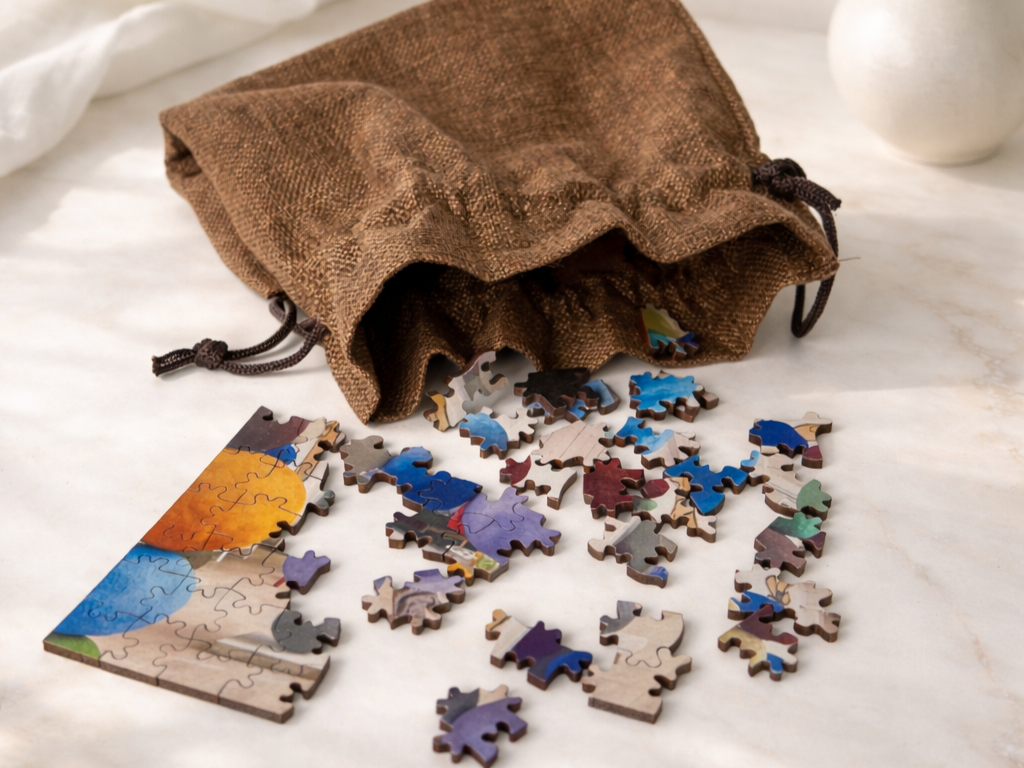 A partially assembled jigsaw puzzle with colorful pieces, some nearby and others inside a brown fabric drawstring bag, on a white surface.