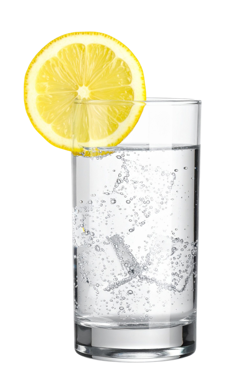 Image of a tall glass of water with ice and a slice of lemon.