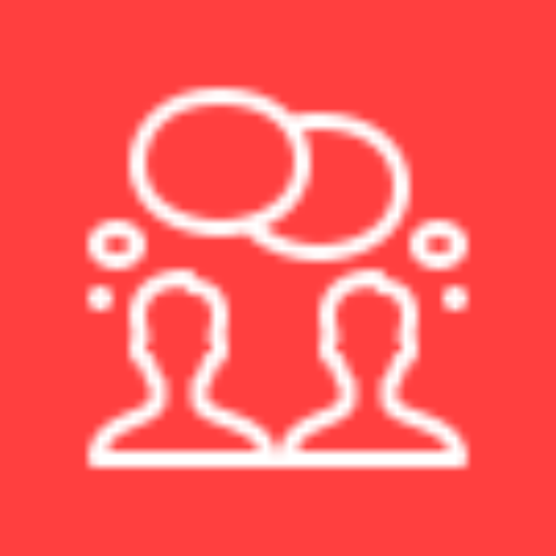 Icon of two people connected by speech bubbles with small circles around them, on a red background.