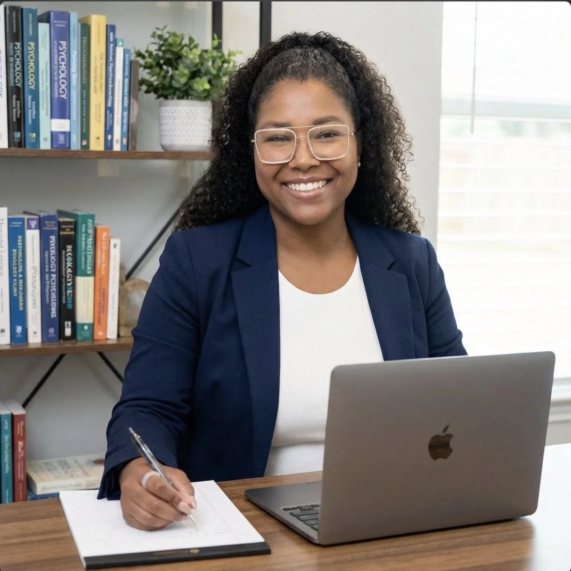 A smiling woman with curly hair and glasses sitting at a desk with a laptop, writing on a notepad, with a bookshelf of books behind her.