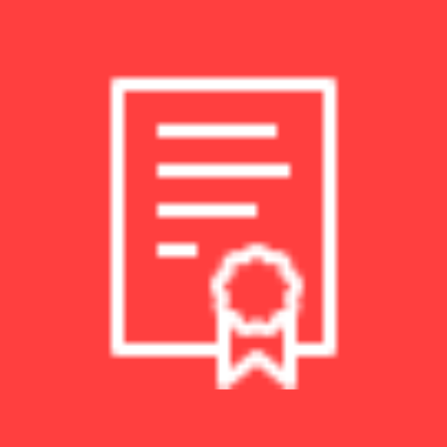 Icon of a certificate with a ribbon on a red background.