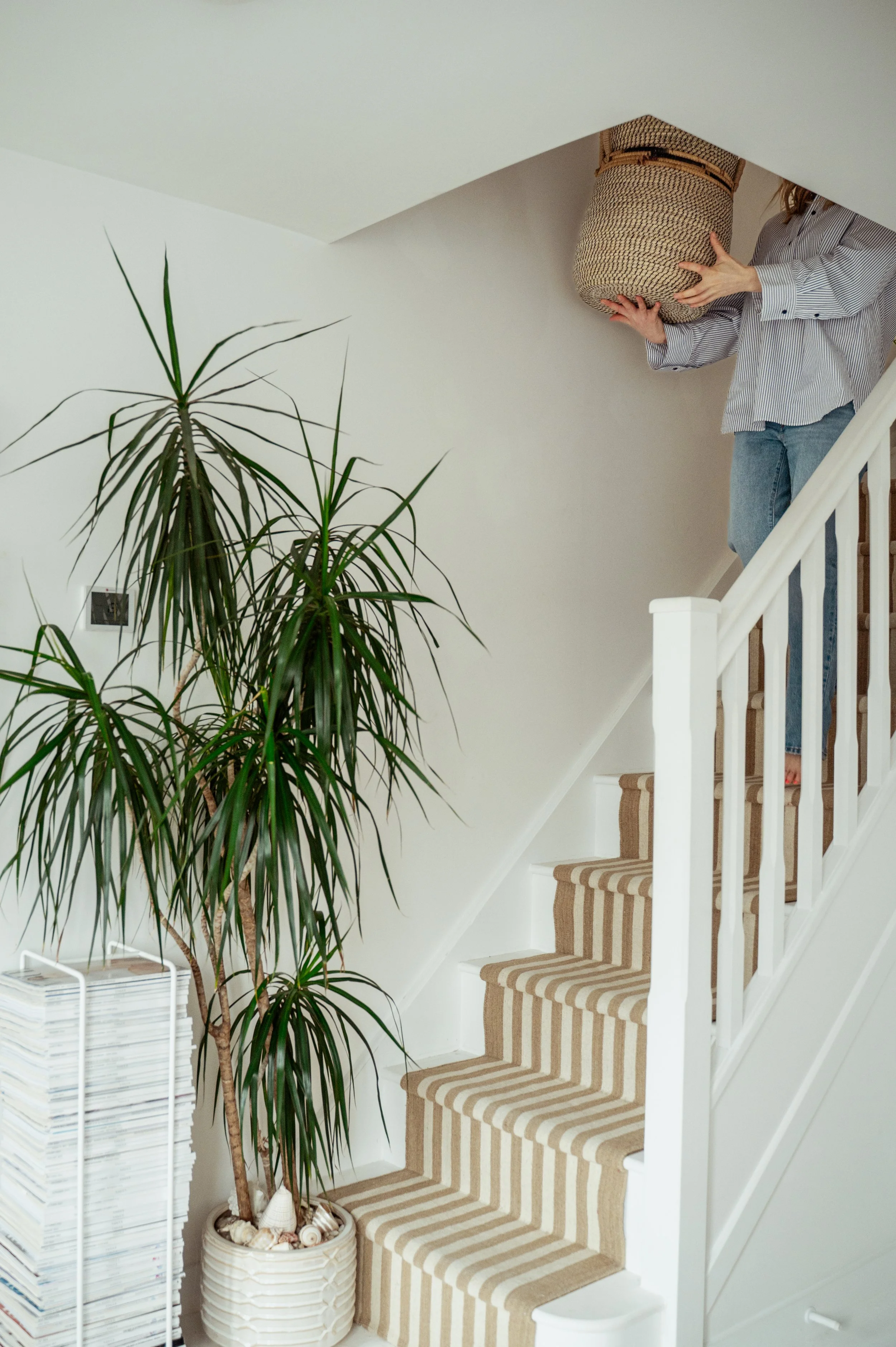 A woman wearing a striped shirt and jeans carrying a woven basket down a staircase with a striped beige and white carpet. There is a tall houseplant on the left and a white magazine rack filled with magazines below.
