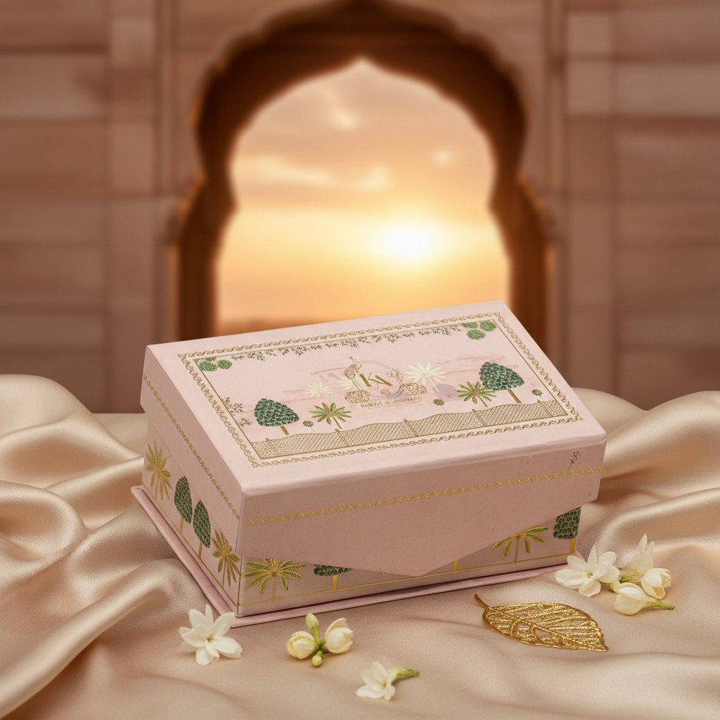 Royal Blush Pink Wedding Favor Box with Gold Foil Botanical Print