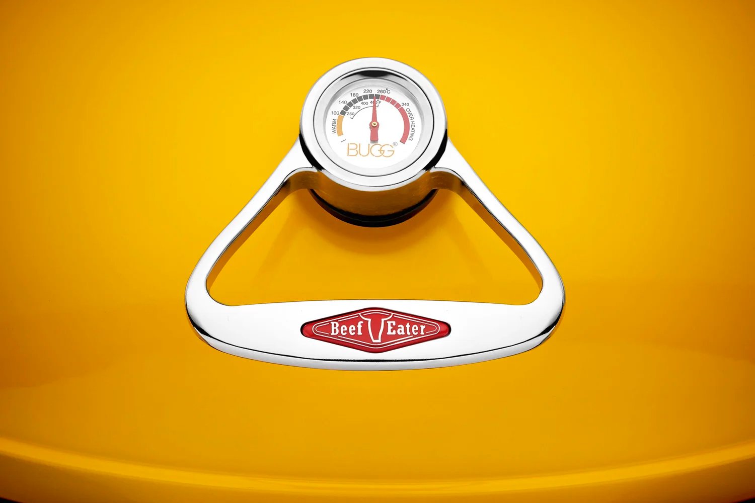A yellow background with a metal meat grinder labeled 'Beef Eater' and a Bugg thermometer showing temperature in Celsius.