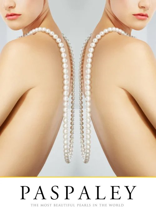 Two women with necklaces of pearls draped over their shoulders, facing opposite directions with their backs touching.