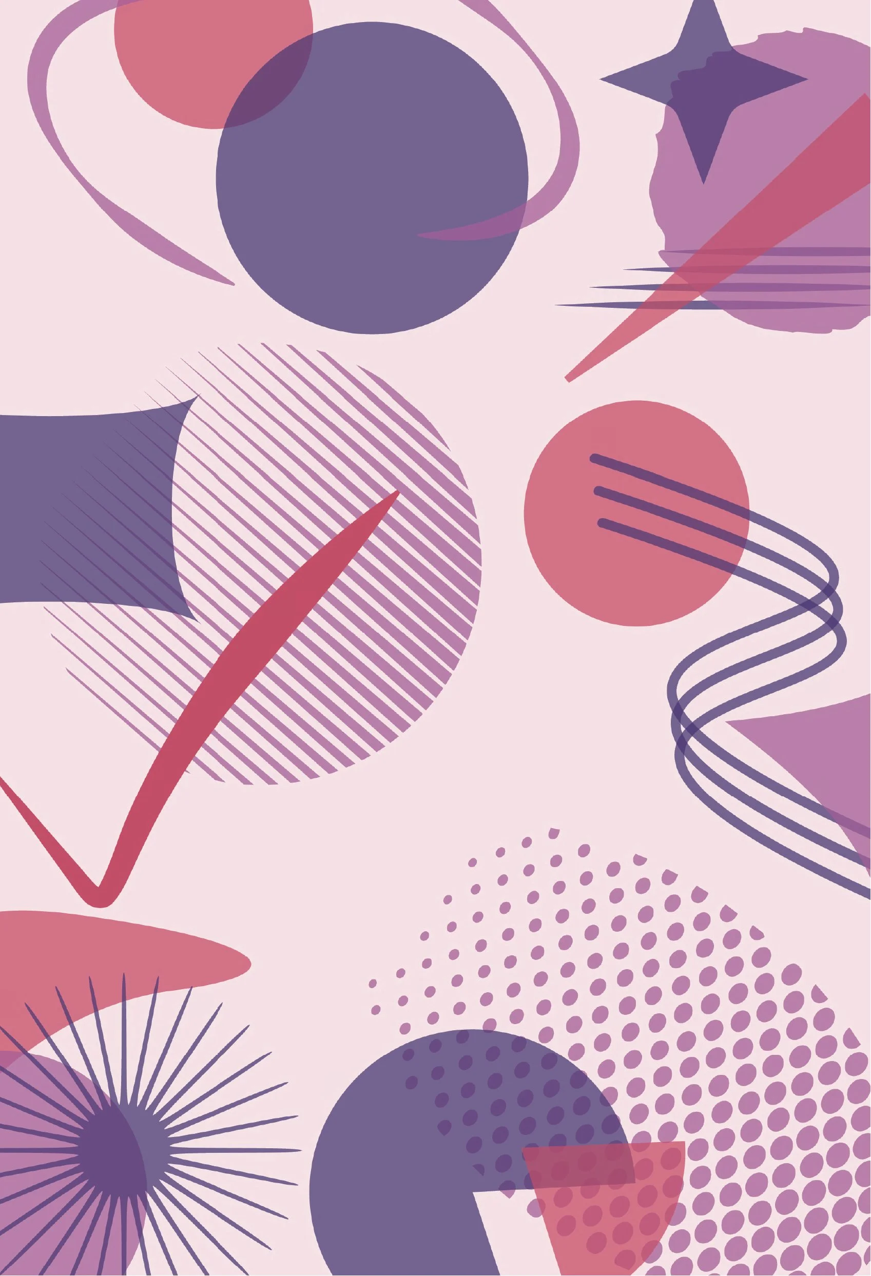 Abstract patroon met geometrische vormen zoals cirkels, sterren, driehoeken en lijnen in pastelkleuren zoals roze, paars en lavendel.