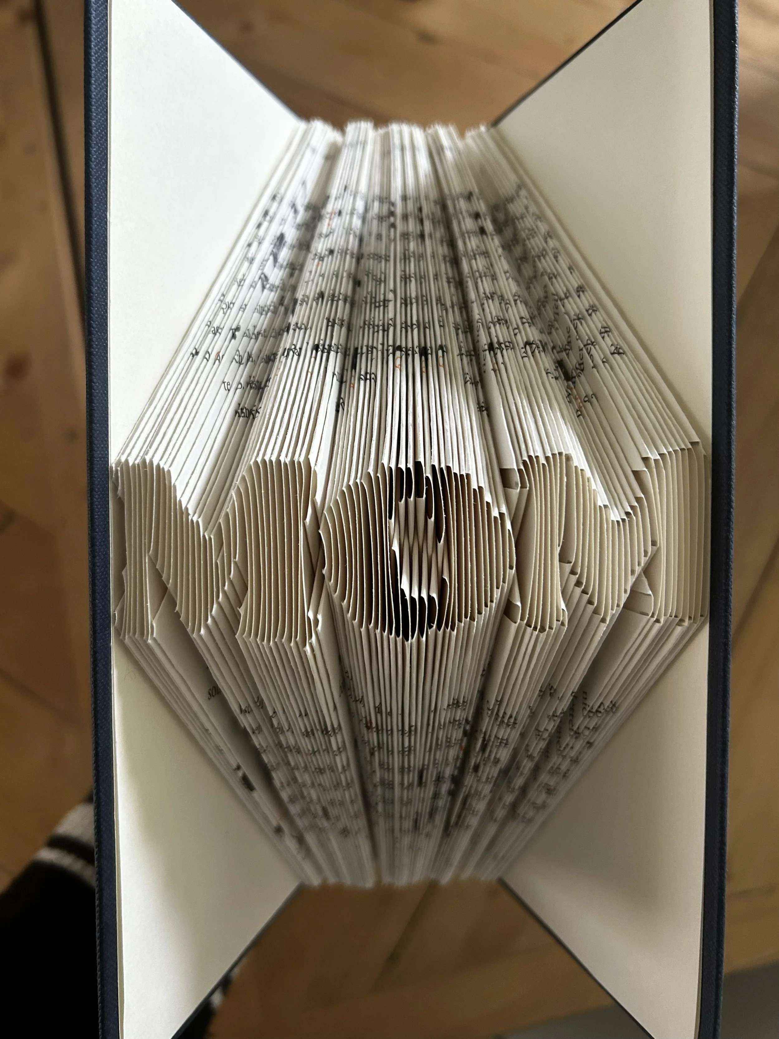 offene Buch mit gefaltetem Papier, das Text enthält